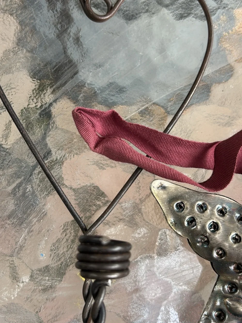 Decorative Metal Heart Ornaments with Burgundy Ribbon - Home Accents